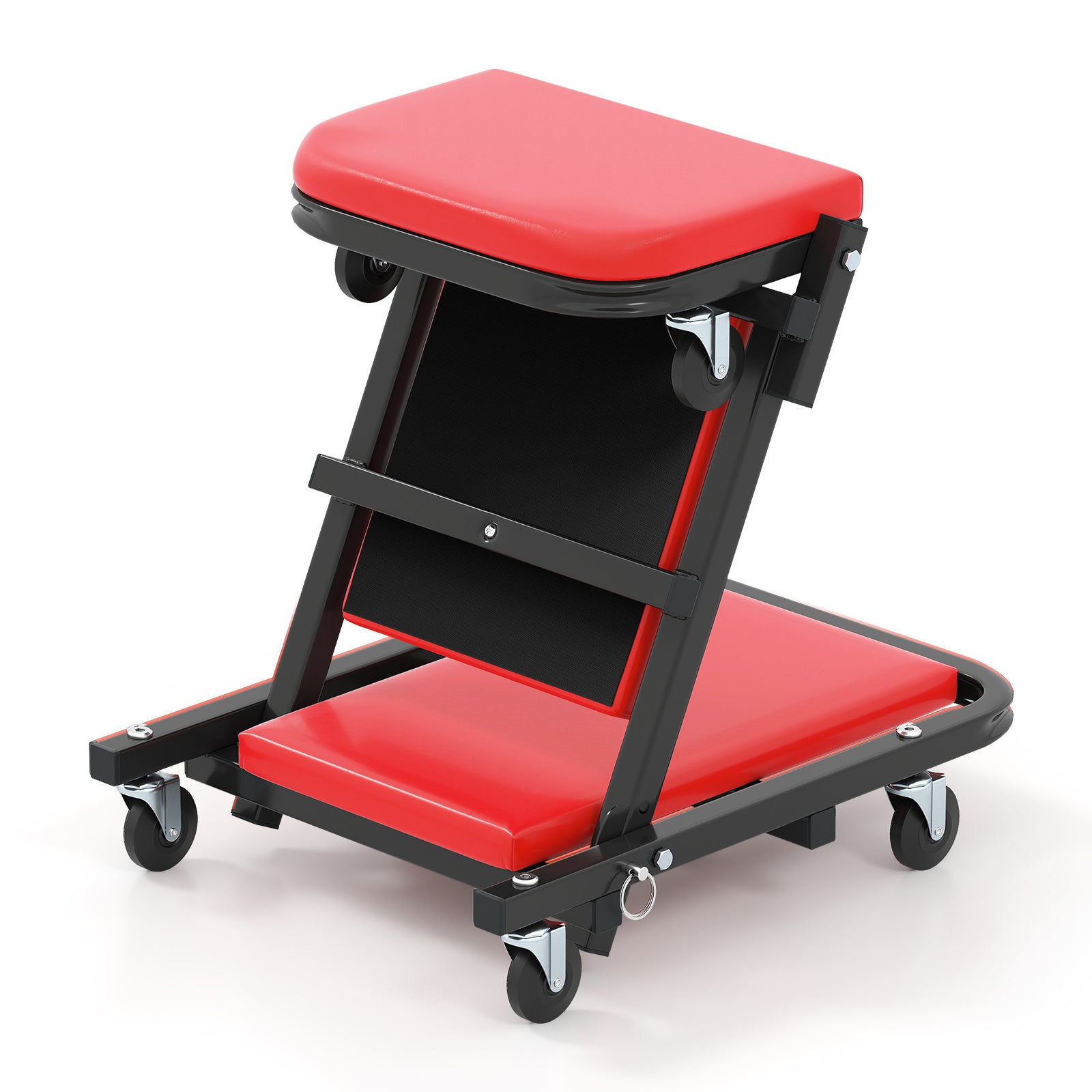 2-in-1 Folding Low Profile Mechanic Creeper with Padded Seat and 6 Wheels-Red