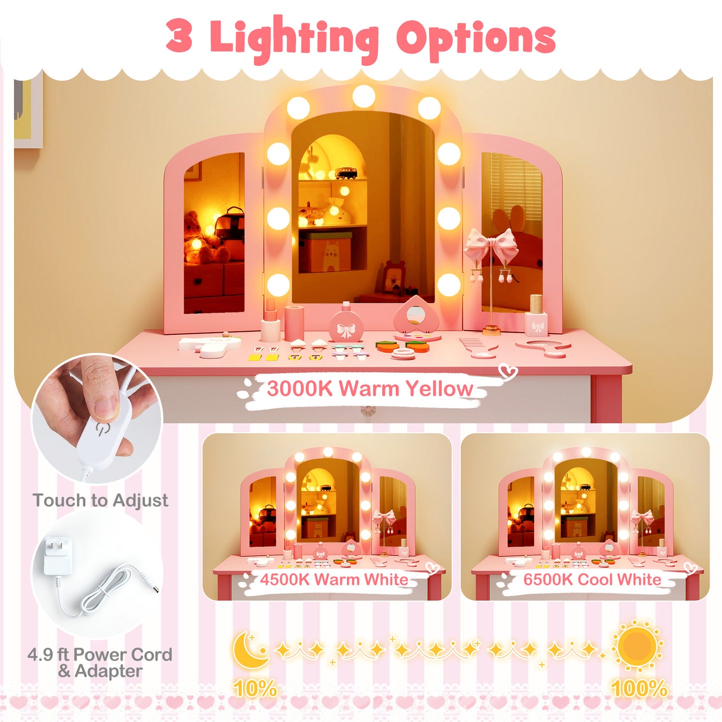 2-in-1 Kids Vanity Table Set with Tri-Folding Detachable Mirror and Lights-Pink