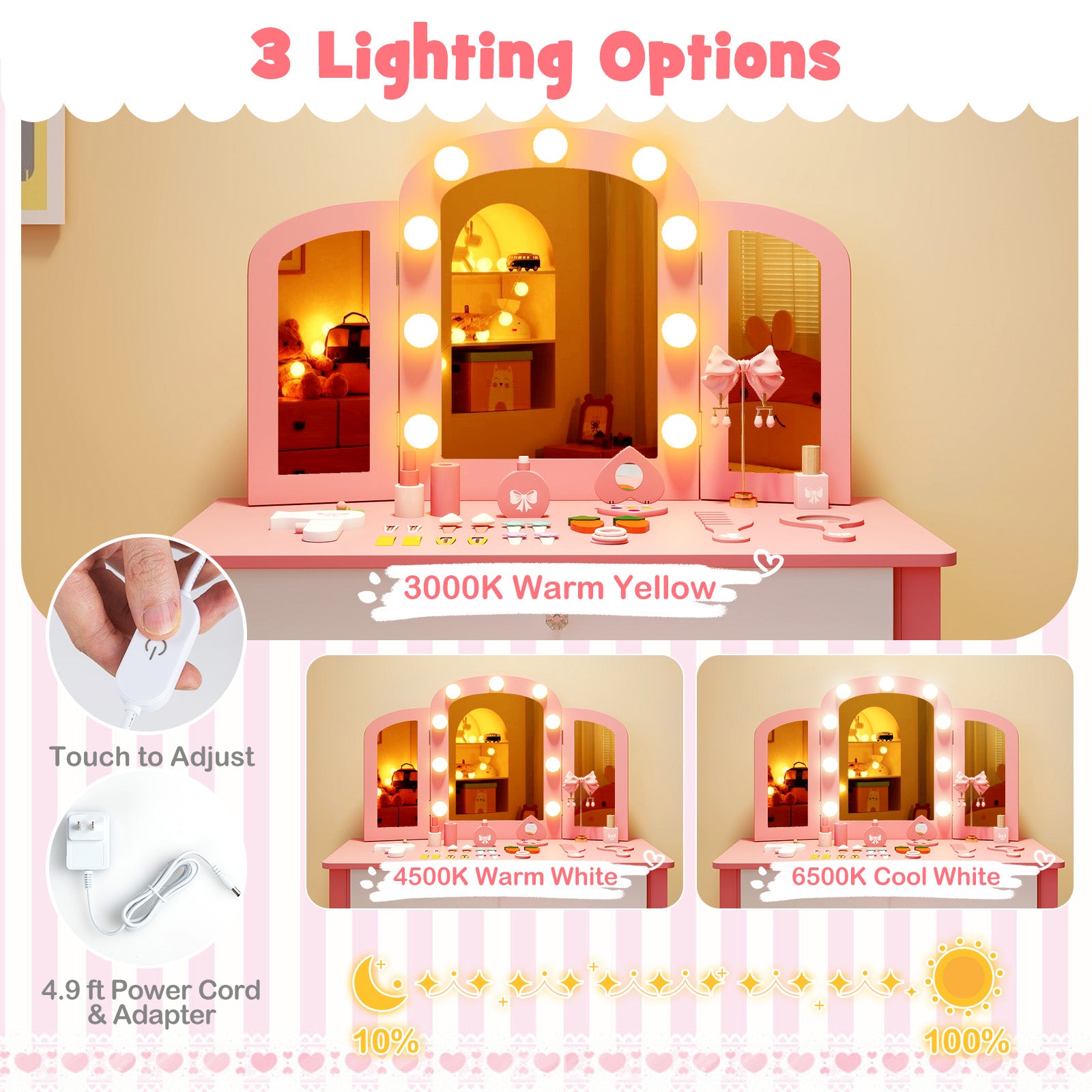 2-in-1 Kids Vanity Table Set with Tri-Folding Detachable Mirror and Lights-Pink