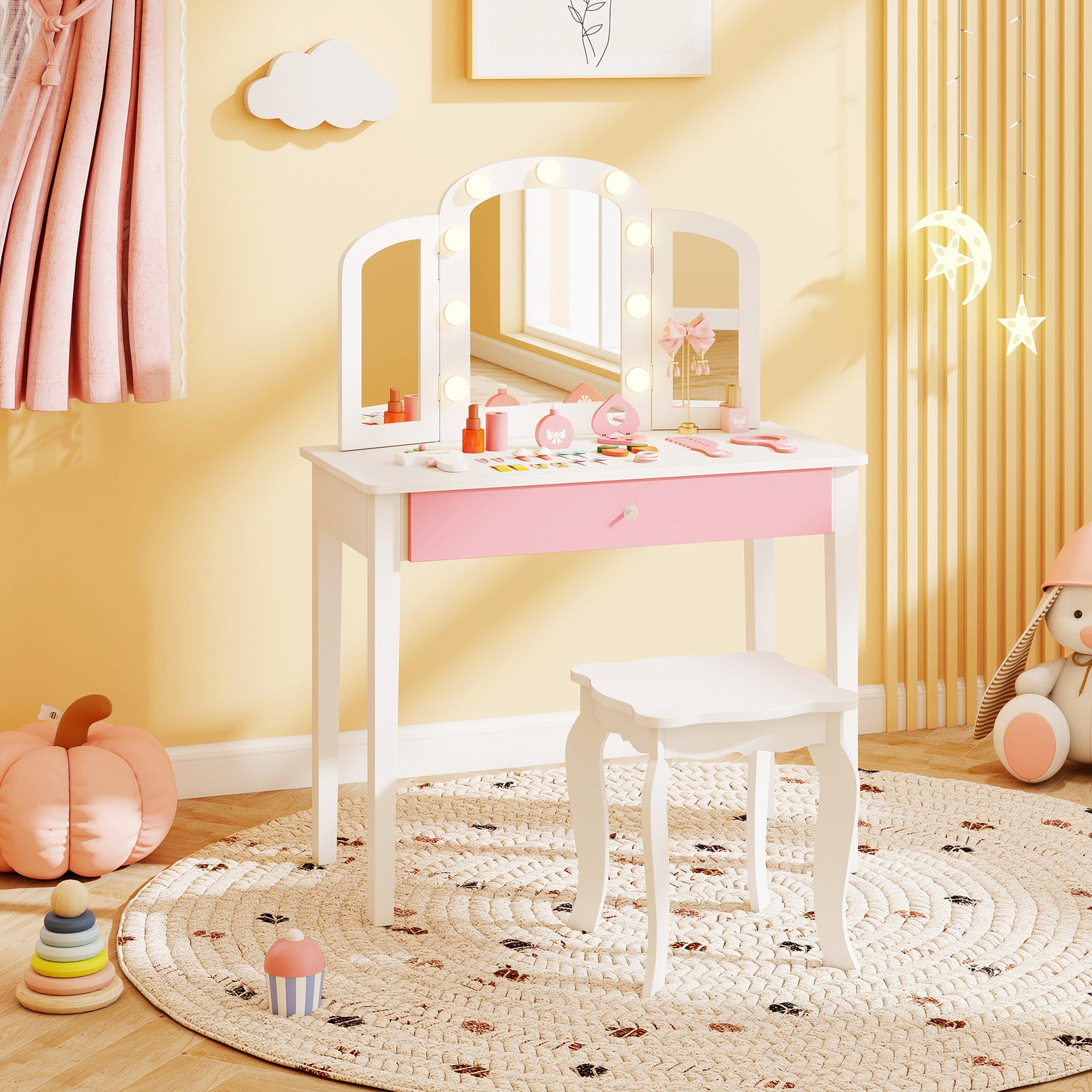 2-in-1 Kids Vanity Table Set with Tri-Folding Detachable Mirror and Lights-White