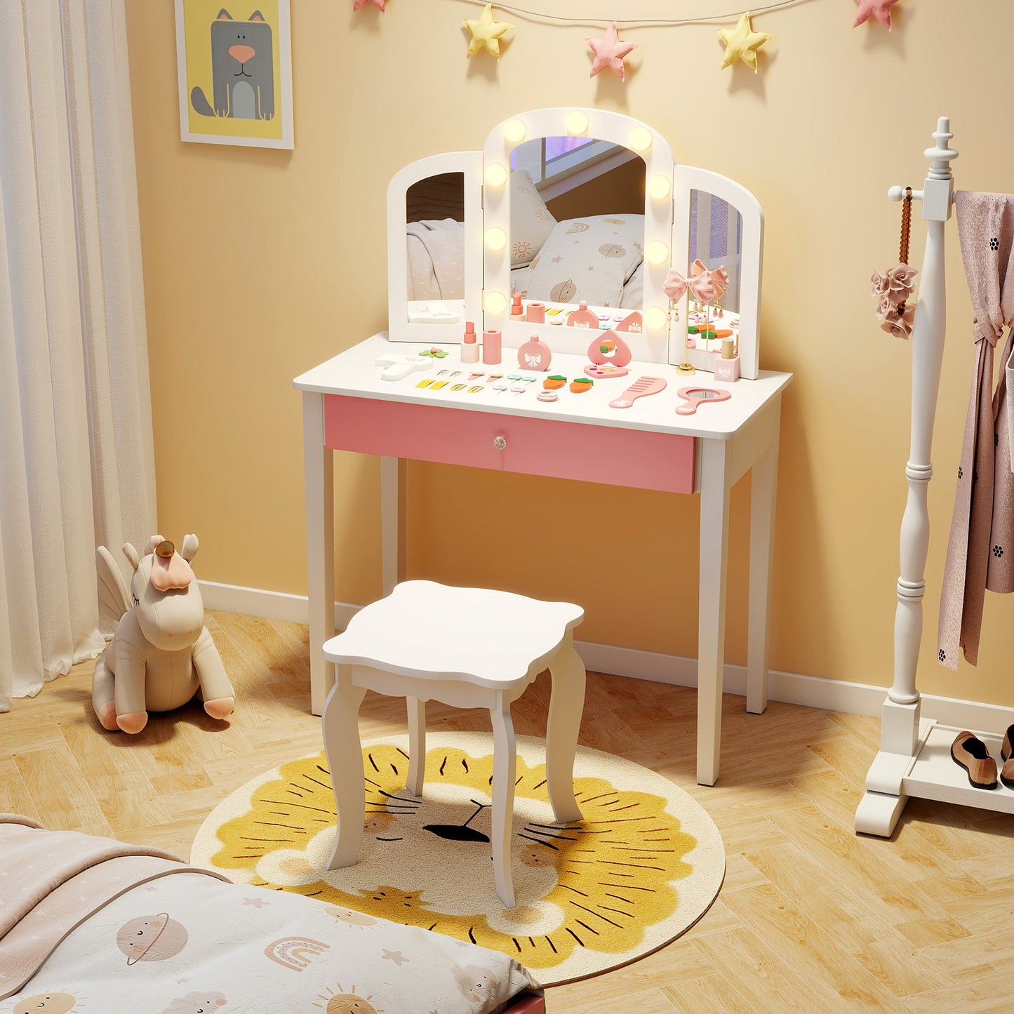 2-in-1 Kids Vanity Table Set with Tri-Folding Detachable Mirror and Lights-White