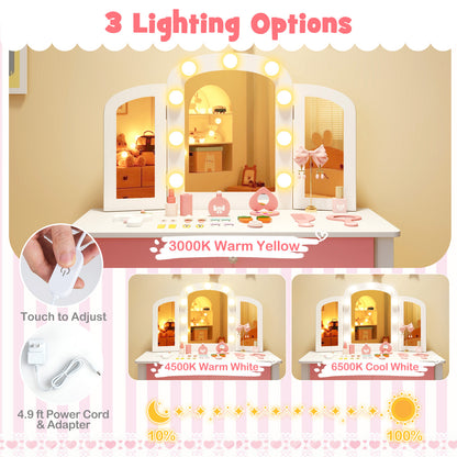 2-in-1 Kids Vanity Table Set with Tri-Folding Detachable Mirror and Lights-White