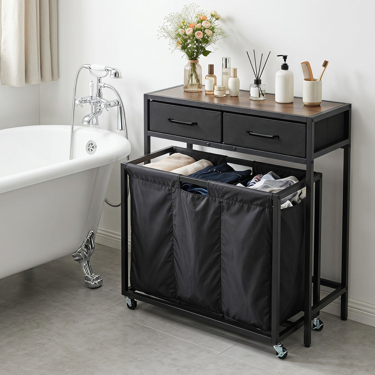 2-in-1 Laundry Basket Organizer with 2 Removable Fabric Drawers 3 Sections and Wheels