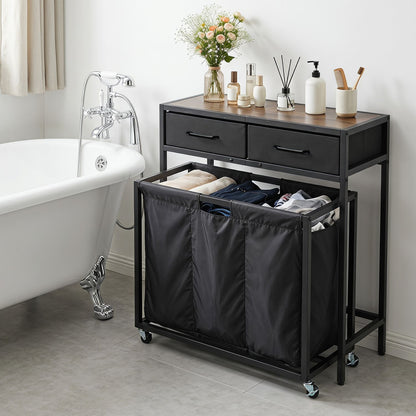 2-in-1 Laundry Basket Organizer with 2 Removable Fabric Drawers 3 Sections and Wheels
