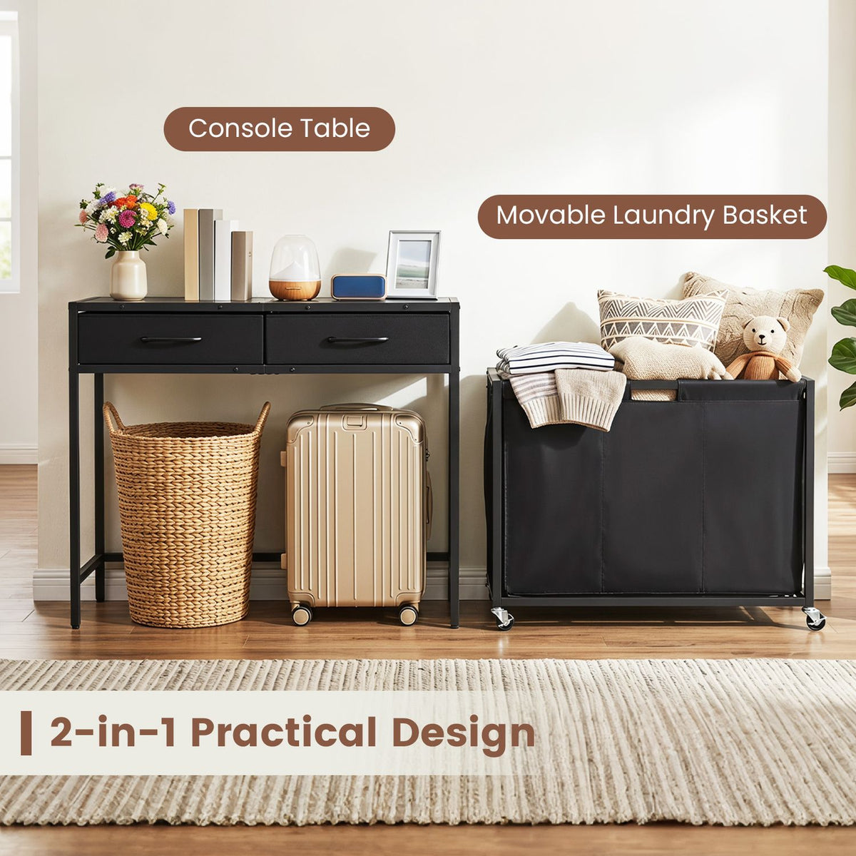 2-in-1 Laundry Basket Organizer with 2 Removable Fabric Drawers 3 Sections and Wheels