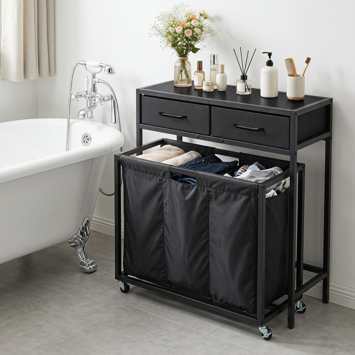 2-in-1 Laundry Basket Organizer with 2 Removable Fabric Drawers 3 Sections and Wheels