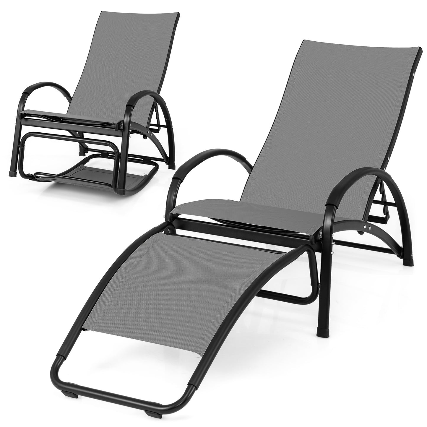 2-in-1 Outdoor Rocking Chair with 4-Position Adjustable Backrest for Patio Porch Poolside-Black - Gray