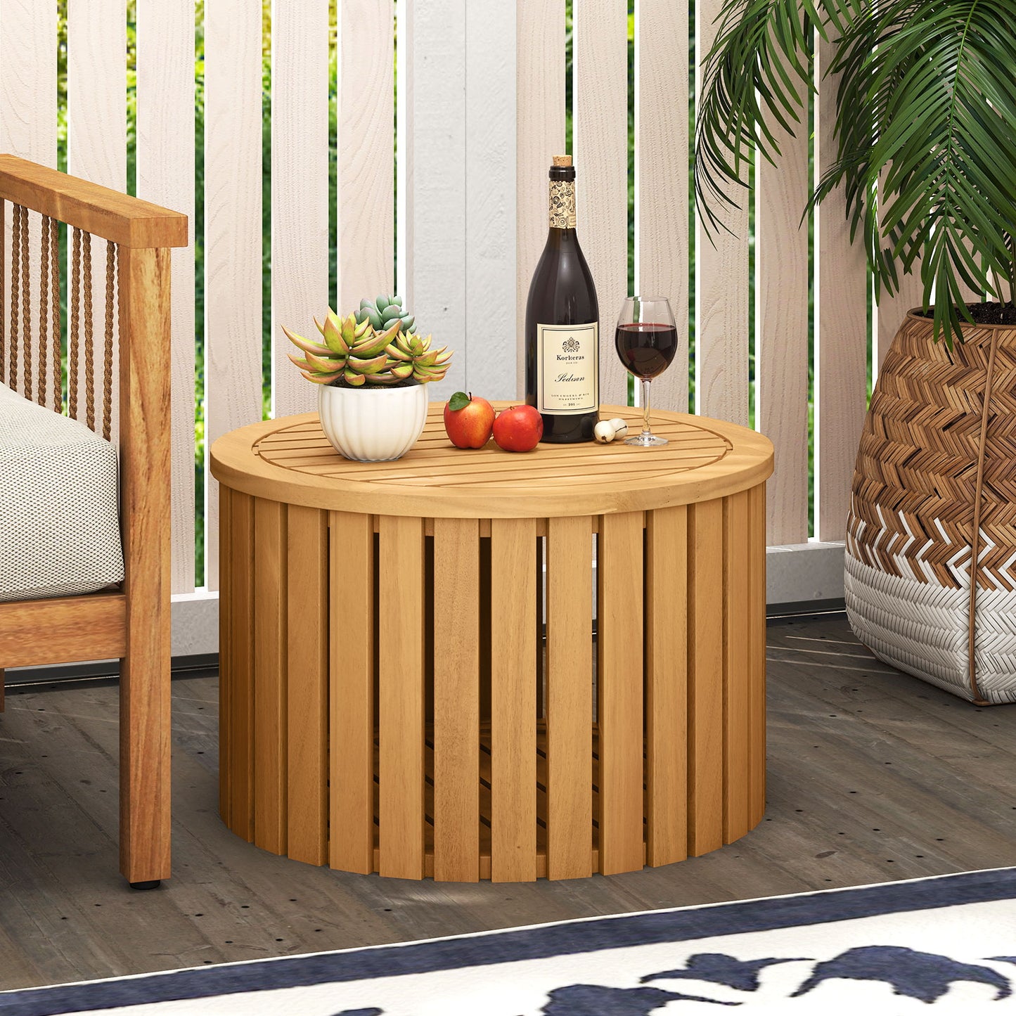 2-in-1 Outdoor Side Table with Storage Acacia Wood Slatted Coffee Table Round Slatted End Storage Box