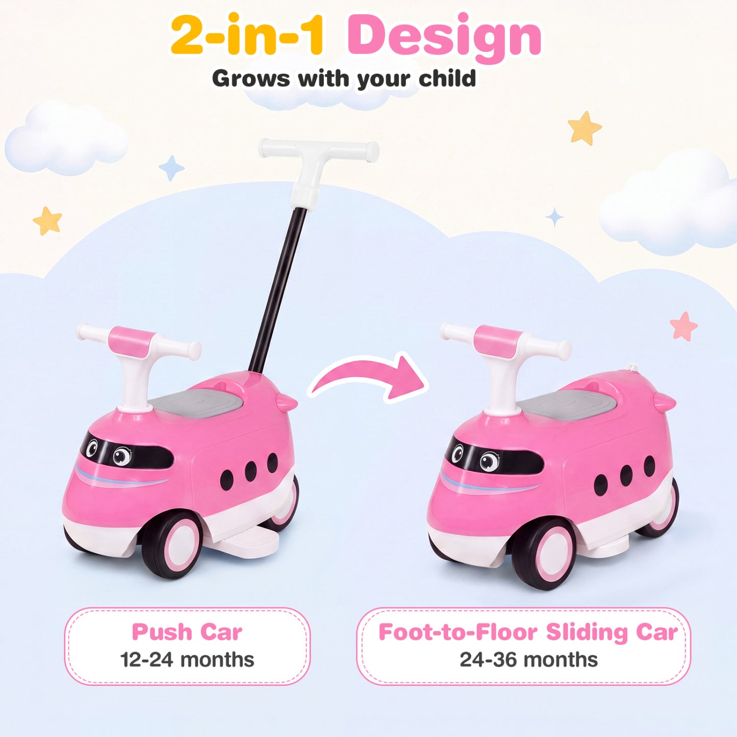 2-in-1 Ride On Push Car for Toddlers Ages 1-3 Years