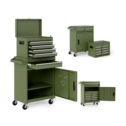 2-in-1 Rolling Tool Chest with 5 Sliding Lockable Drawers-Green - Green