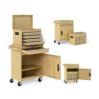 2-in-1 Rolling Tool Chest with 5 Sliding Lockable Drawers-Green - Yellow