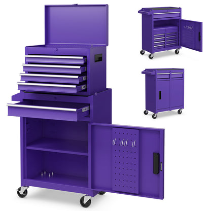 2-in-1 Rolling Tool Chest with 5 Sliding Lockable Drawers-Green - Purple