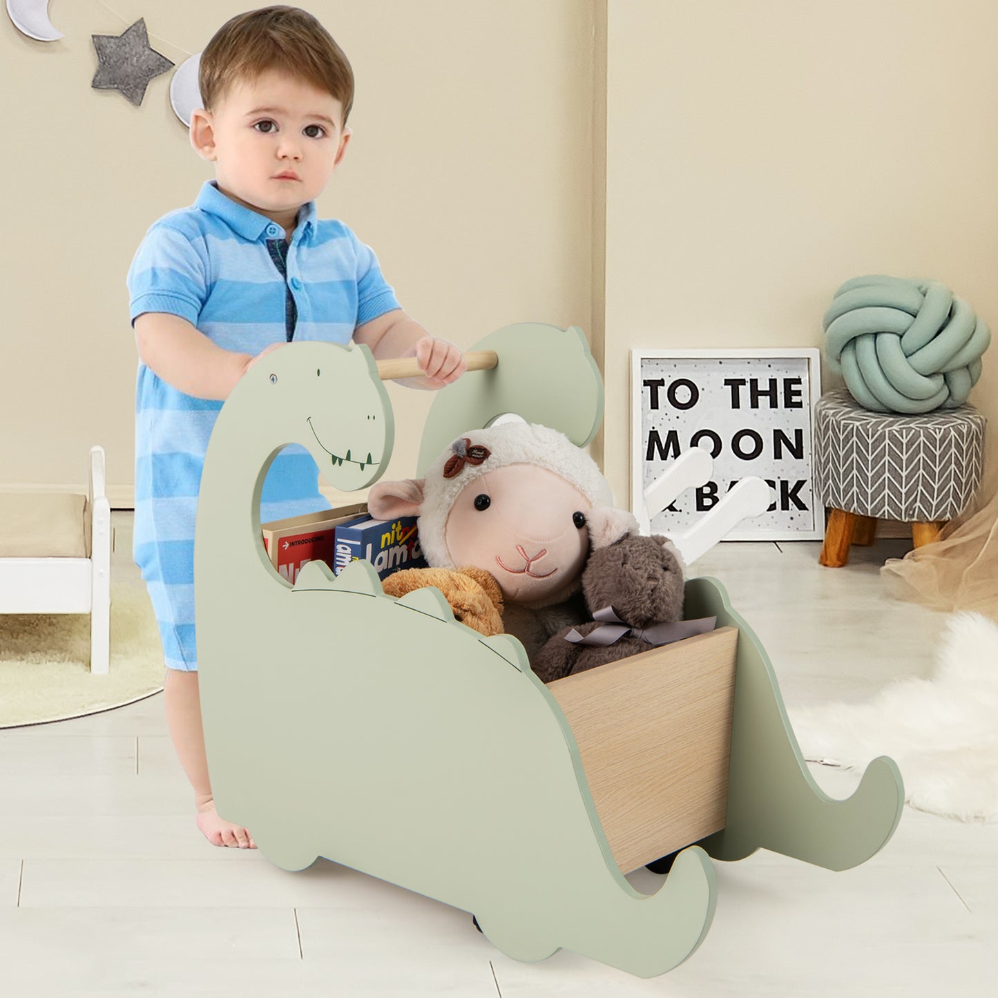 2 in 1 Wooden Baby Push Walker with Pine Wood Handle-Green