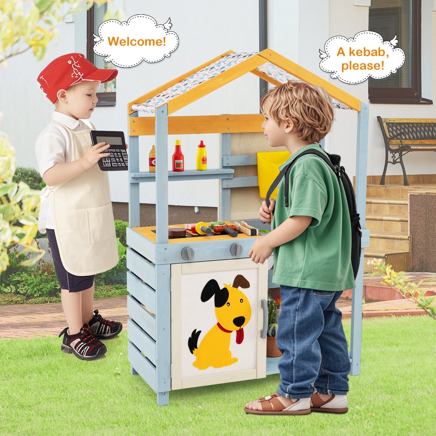 2 in 1 Wooden Mud Kitchen with Removable Water Box  and Storage Bag-Gray