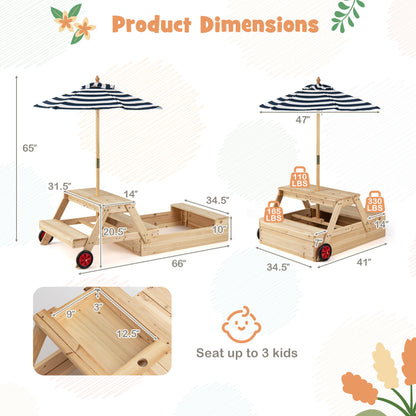 2-in-1 Wooden Sandbox with Foldable Umbrella and Convertible Picnic Table