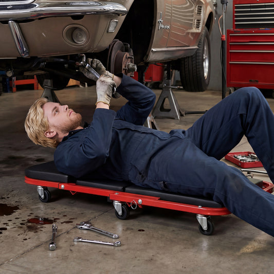 2-in-1 Z-Shaped Rolling Garage Stool 36" Folding Flat Automotive Creeper-Red
