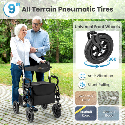 2-in-1 Foldable Rollator Walker with Seat abd 9 Inch Pneumatic Tires for Seniors