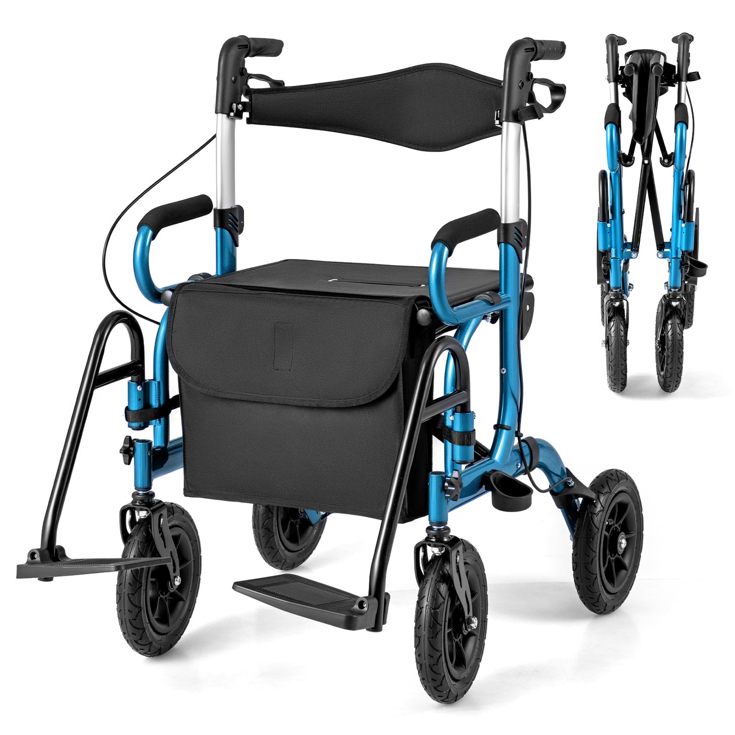 2-in-1 Foldable Rollator Walker with Seat abd 9 Inch Pneumatic Tires for Seniors-Navy - Navy