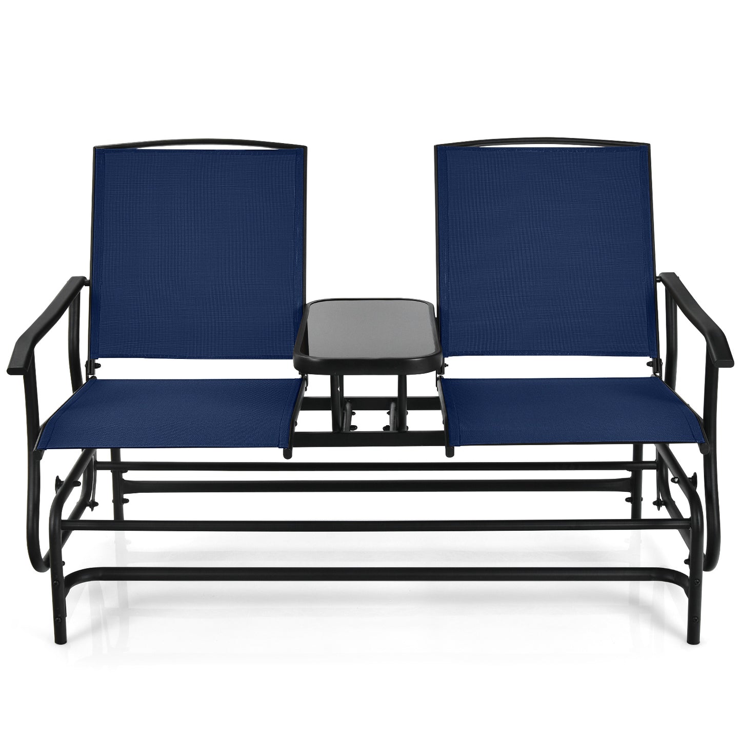 2-Person Double Rocking Loveseat with Mesh Fabric and Center Tempered Glass Table-Red - Navy