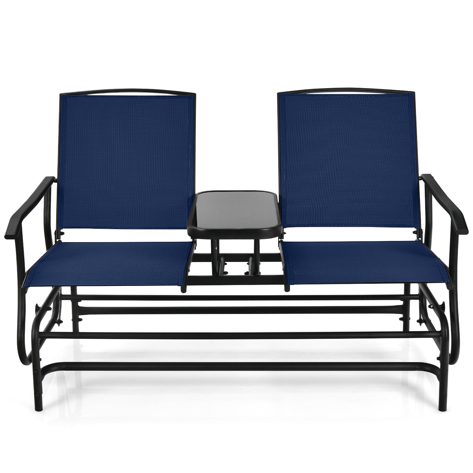 2-Person Double Rocking Loveseat with Mesh Fabric and Center Tempered Glass Table-Red - Navy