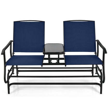 2-Person Double Rocking Loveseat with Mesh Fabric and Center Tempered Glass Table-Red - Navy