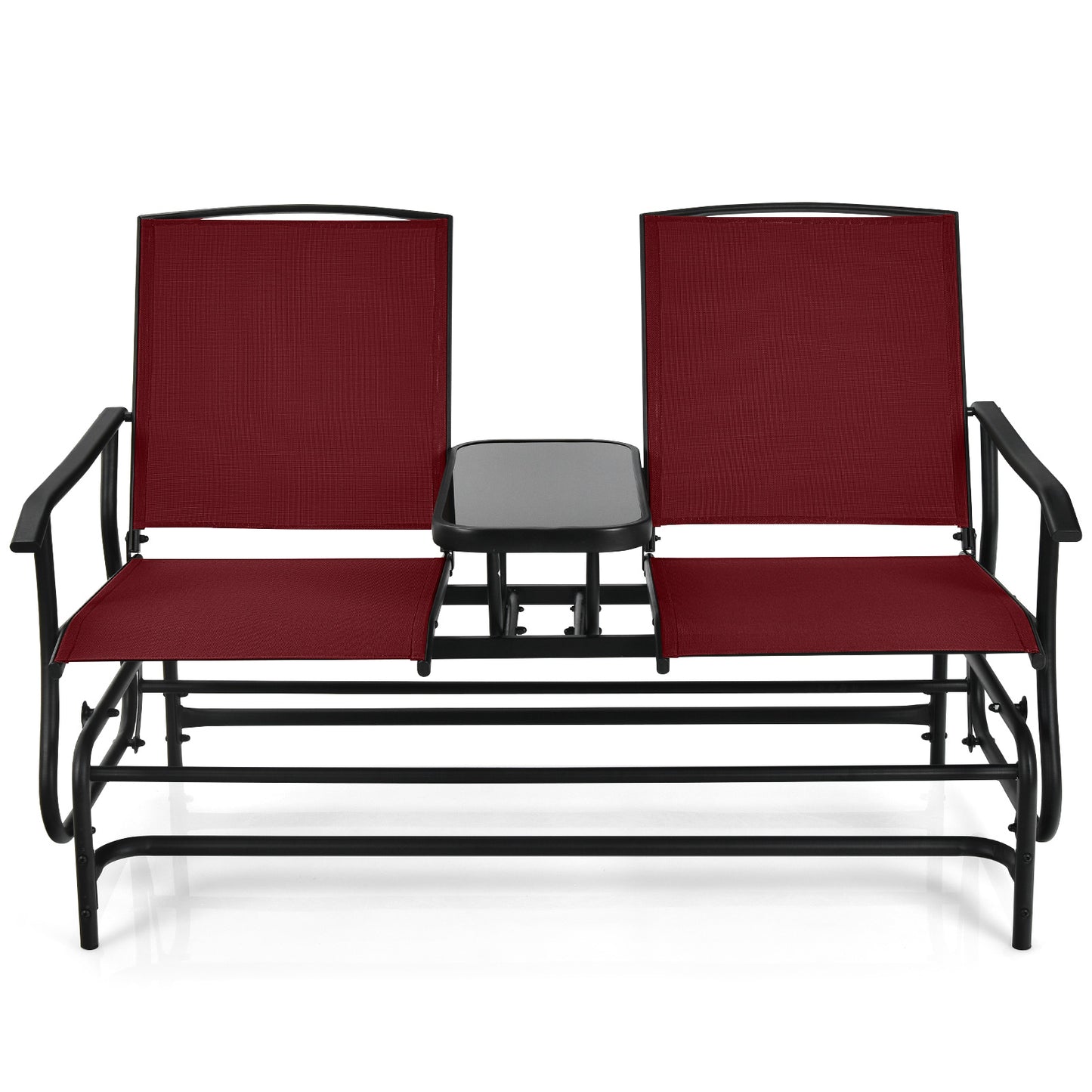 2-Person Double Rocking Loveseat with Mesh Fabric and Center Tempered Glass Table-Red - Red