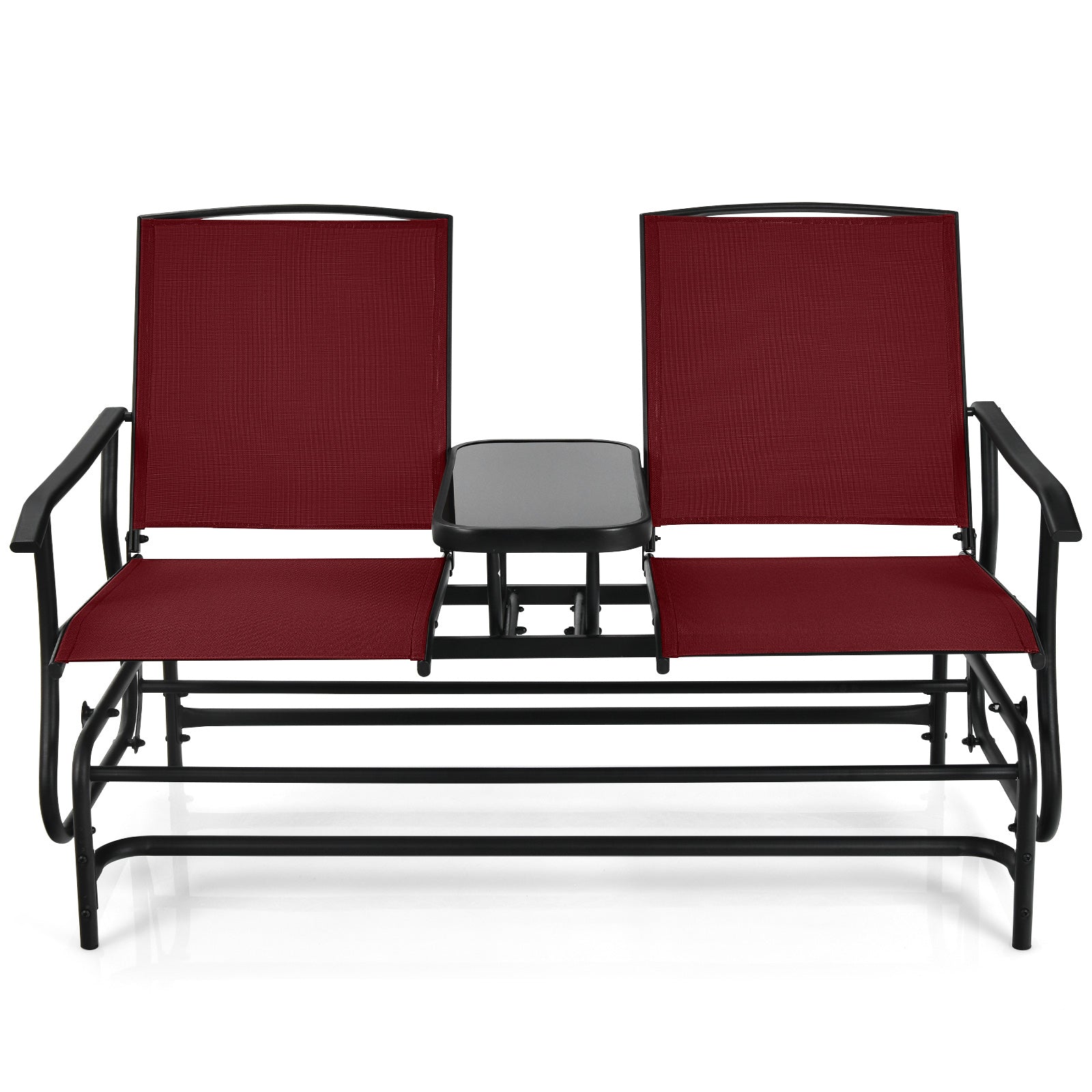 2-Person Double Rocking Loveseat with Mesh Fabric and Center Tempered Glass Table-Red - Red