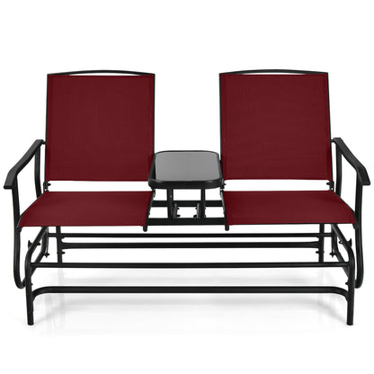 2-Person Double Rocking Loveseat with Mesh Fabric and Center Tempered Glass Table-Red - Red