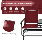 2-Person Double Rocking Loveseat with Mesh Fabric and Center Tempered Glass Table-Red