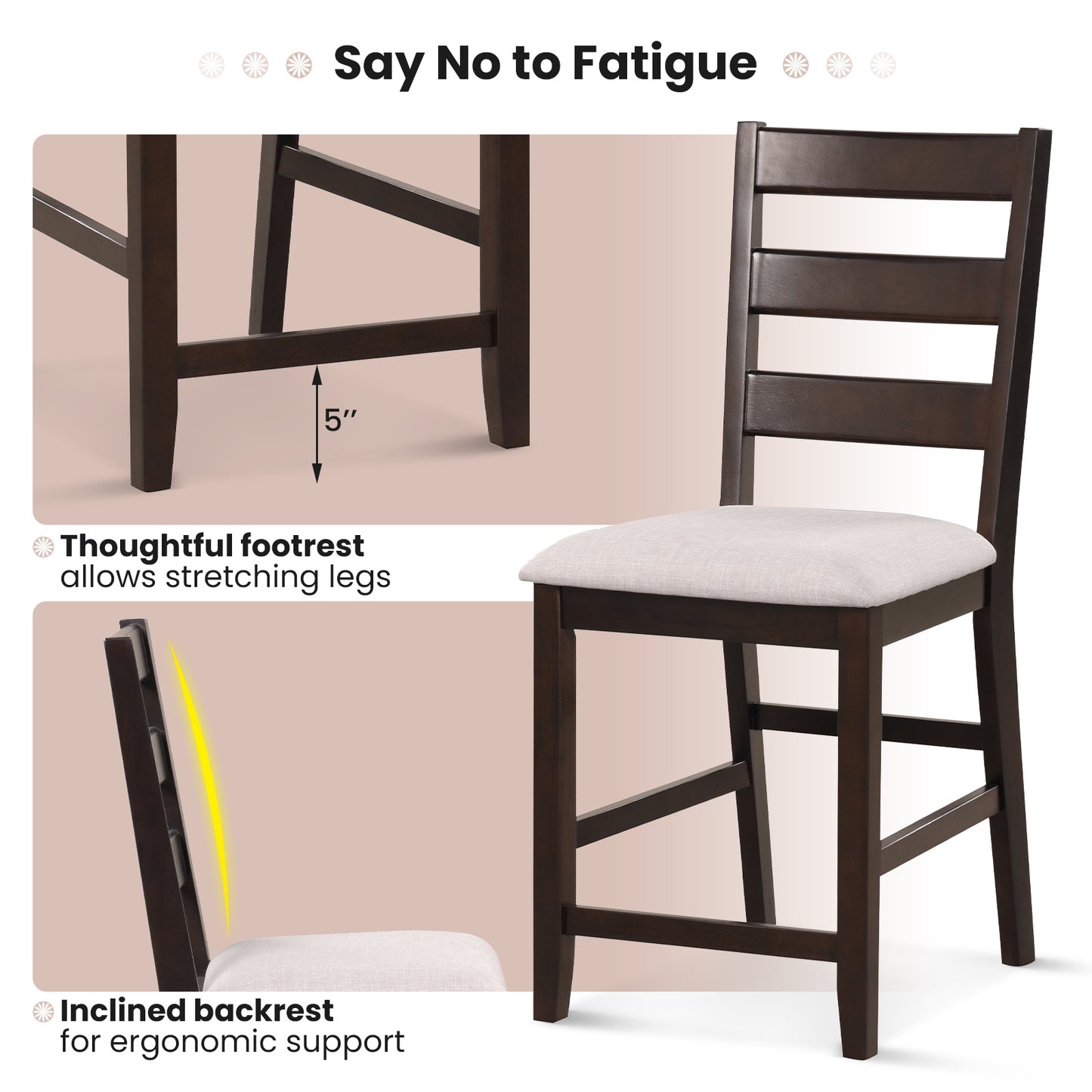 2 Piece Counter Height Bar Stool Set with Padded Seat and Rubber Wood Legs-Beige