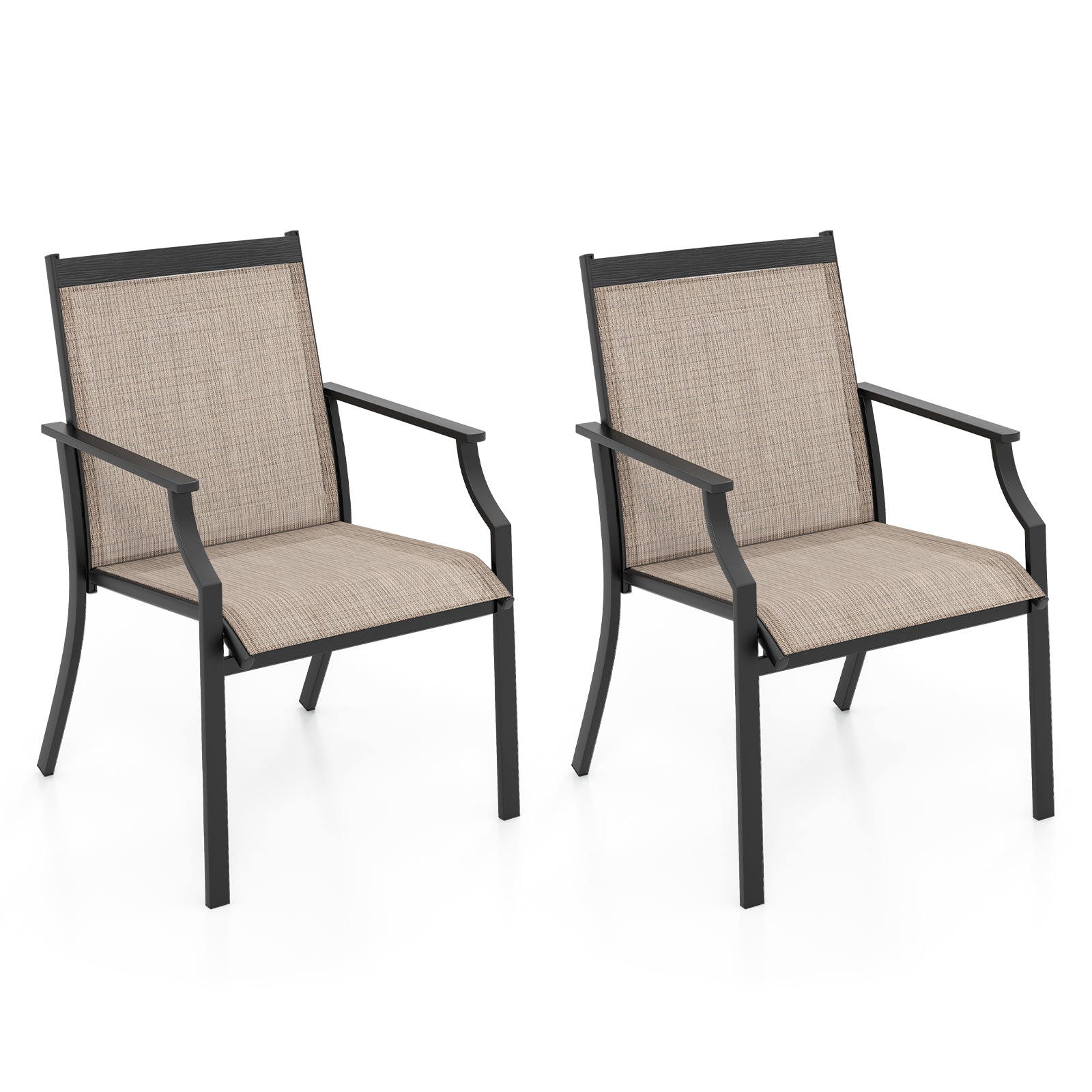 2 Piece Patio Dining Chairs Large Outdoor Chairs with Breathable Seat and Metal Frame-Brown - Brown