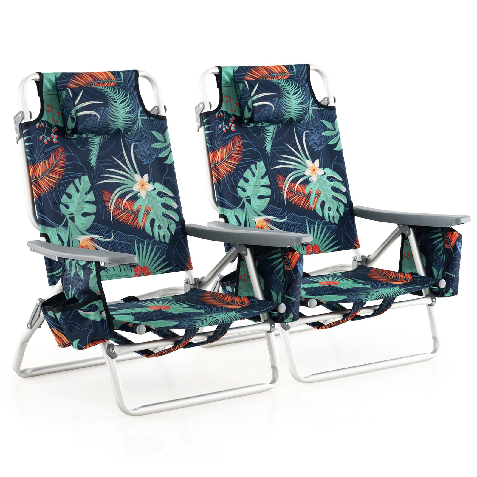 2 Pieces Folding Backpack Beach Chair with Pillow-Multicolor - Multicolor