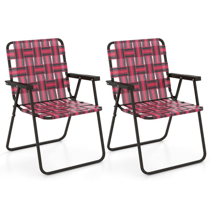 2 Pieces Folding Beach Chair Camping Lawn Webbing Chair-Cofee - Red