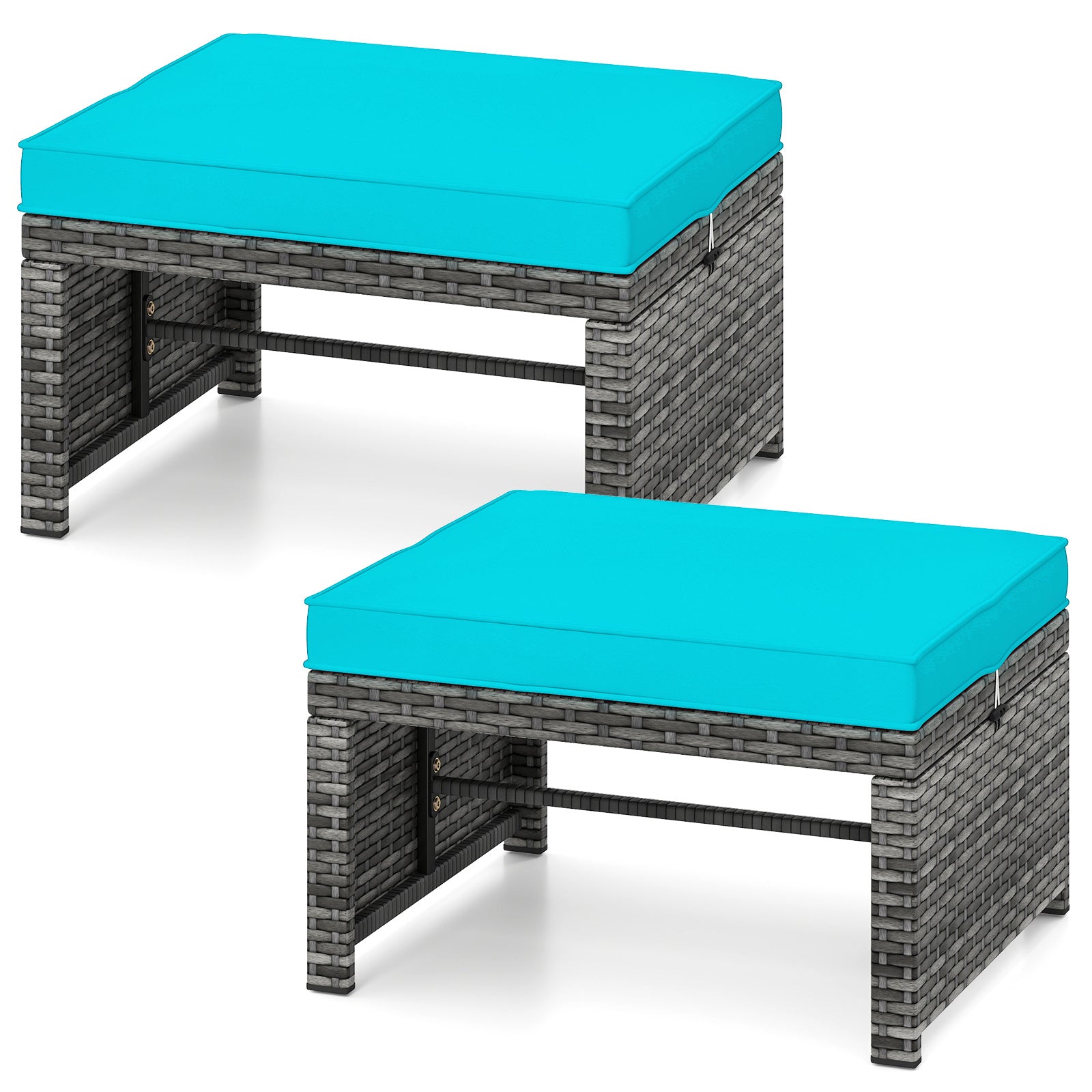 2 Pieces Patio PE Rattan Ottomans with Soft Zippered Cushions for Deck-Navy - Green