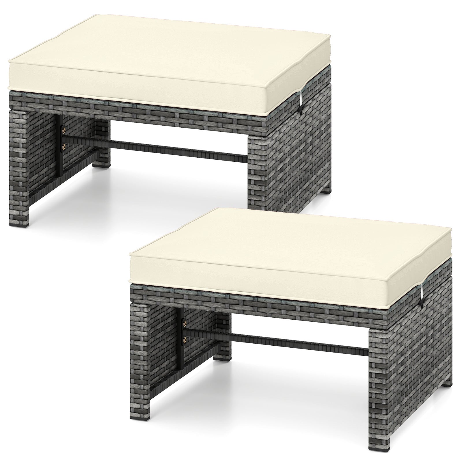 2 Pieces Patio PE Rattan Ottomans with Soft Zippered Cushions for Deck-Navy - White