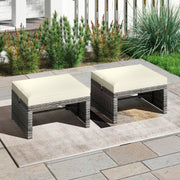 2 Pieces Patio PE Rattan Ottomans with Soft Zippered Cushions for Deck-White