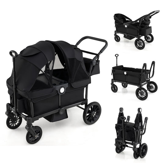 2 Seater Push Pull Collapsible Kids Wagon Stroller with Adjustable Handlebars