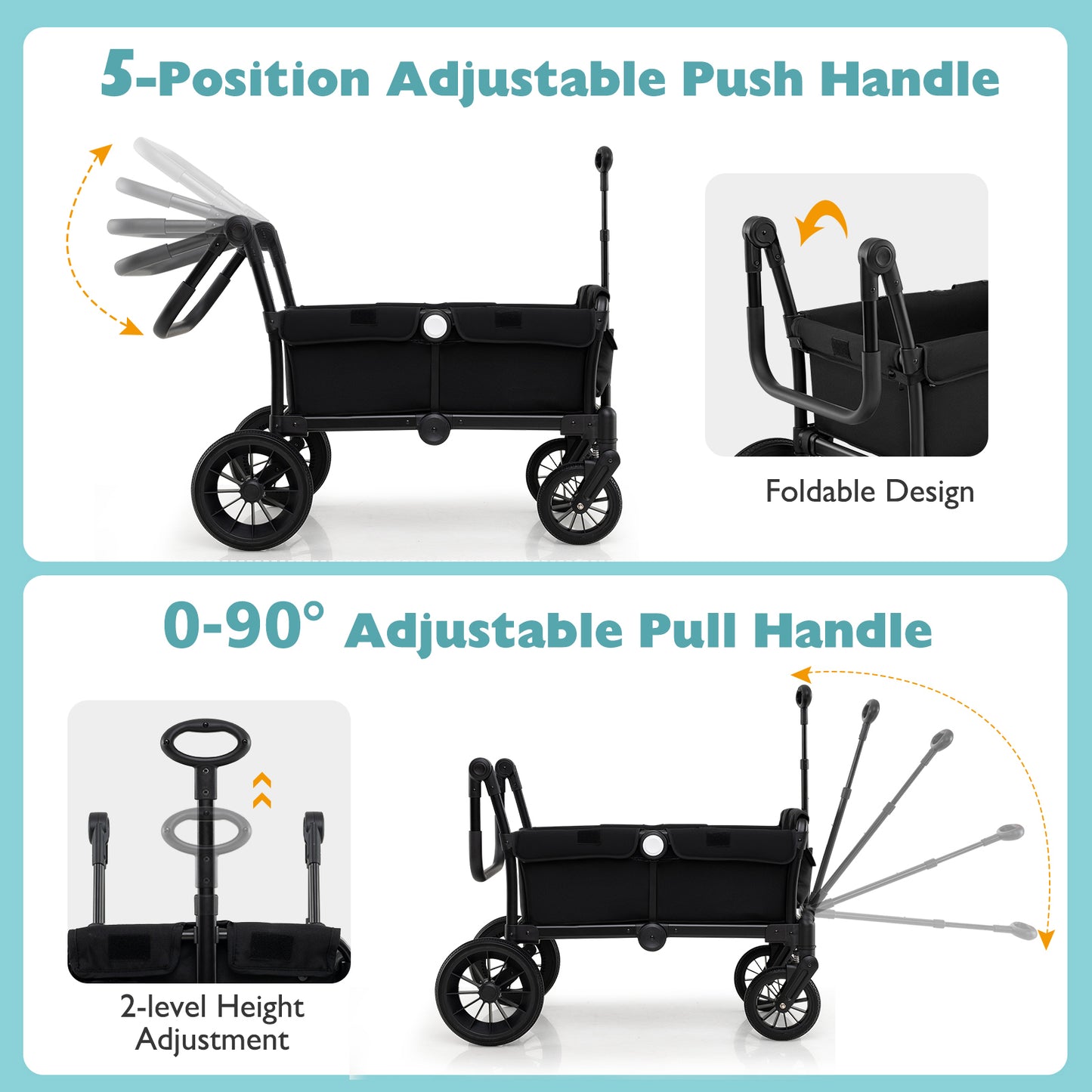 2 Seater Push Pull Collapsible Kids Wagon Stroller with Adjustable Handlebars