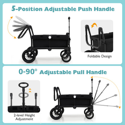 2 Seater Push Pull Collapsible Kids Wagon Stroller with Adjustable Handlebars