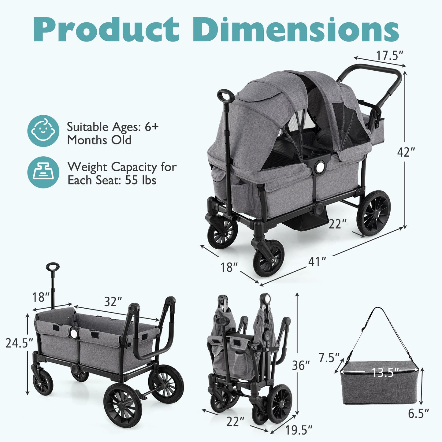 2 Seater Push Pull Collapsible Kids Wagon Stroller with Adjustable Handlebars-Black - Gray