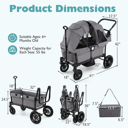2 Seater Push Pull Collapsible Kids Wagon Stroller with Adjustable Handlebars-Black - Gray