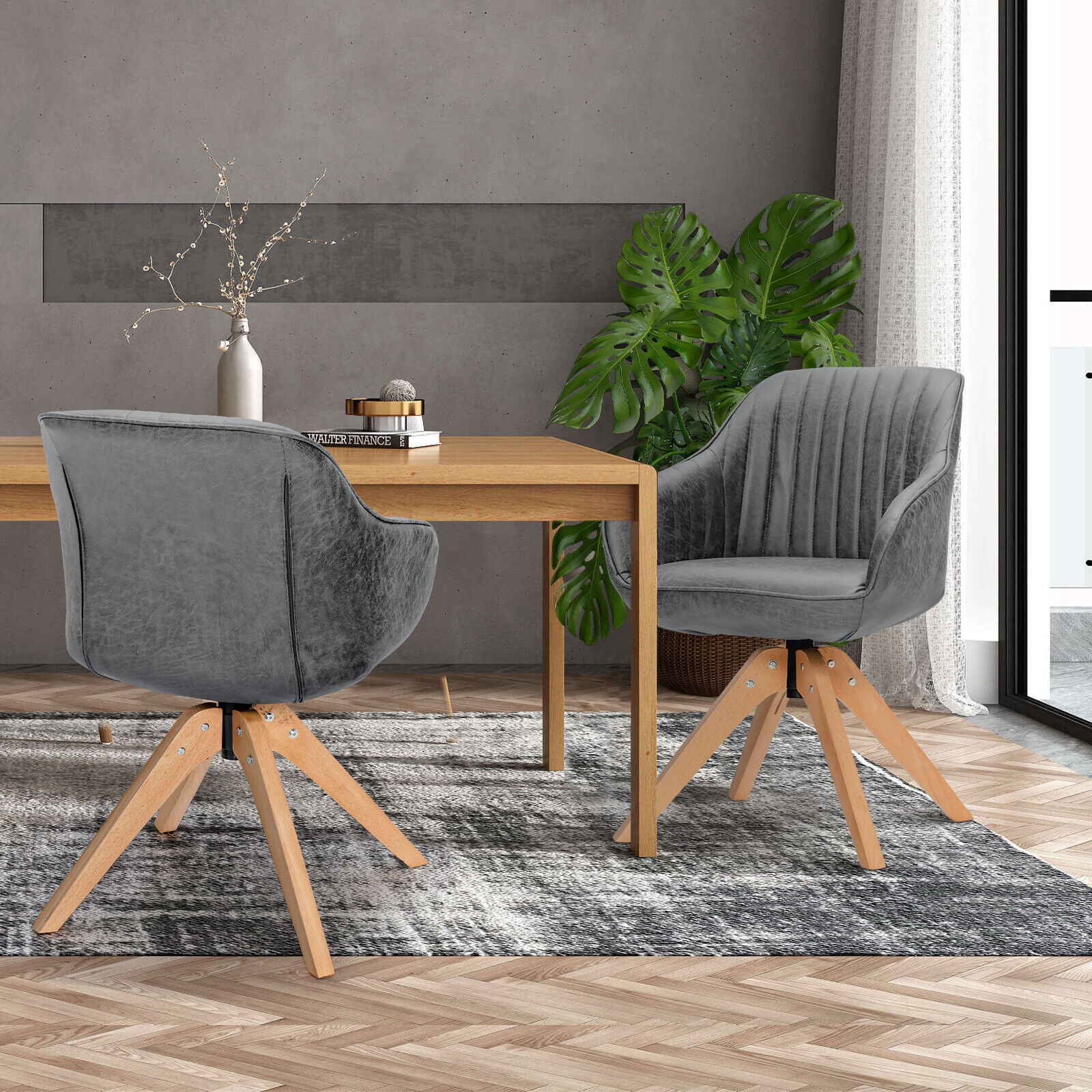 Modern Leathaire Set of 2 Swivel Accent Chair with Beech Wood Legs-Gray