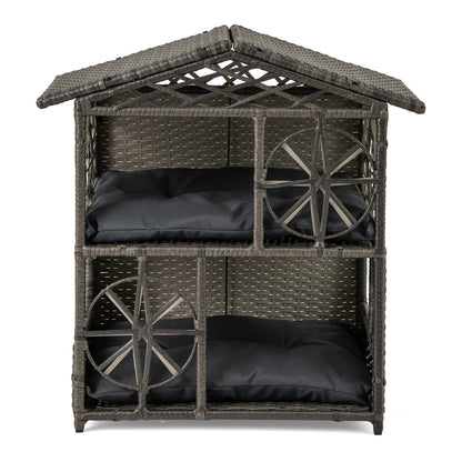 2-storey Wicker Cat House Rattan Kitten Condo Enclosure with Removable Cushions-Gray
