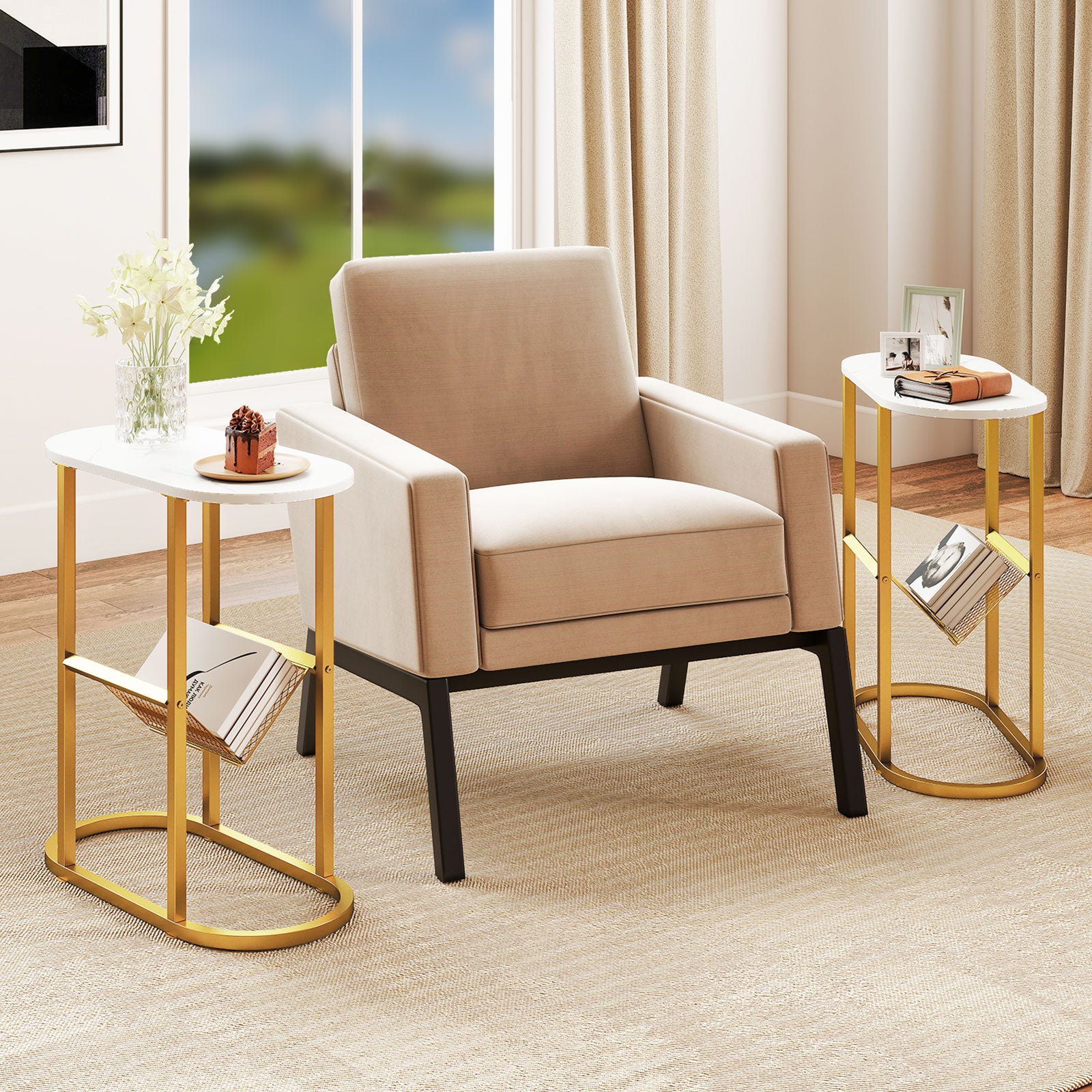 2-tier Industrial Oval Side Table with Mesh Shelf-White