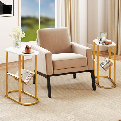 2-tier Industrial Oval Side Table with Mesh Shelf-White