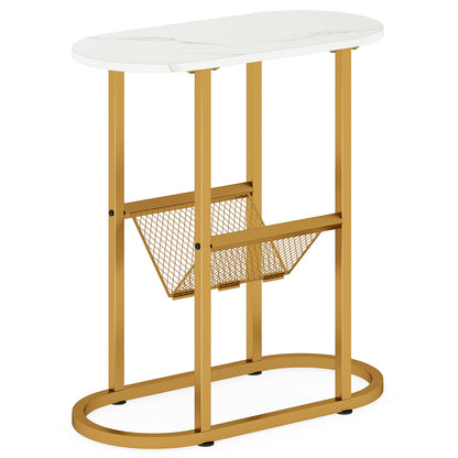 2-tier Industrial Oval Side Table with Mesh Shelf-White