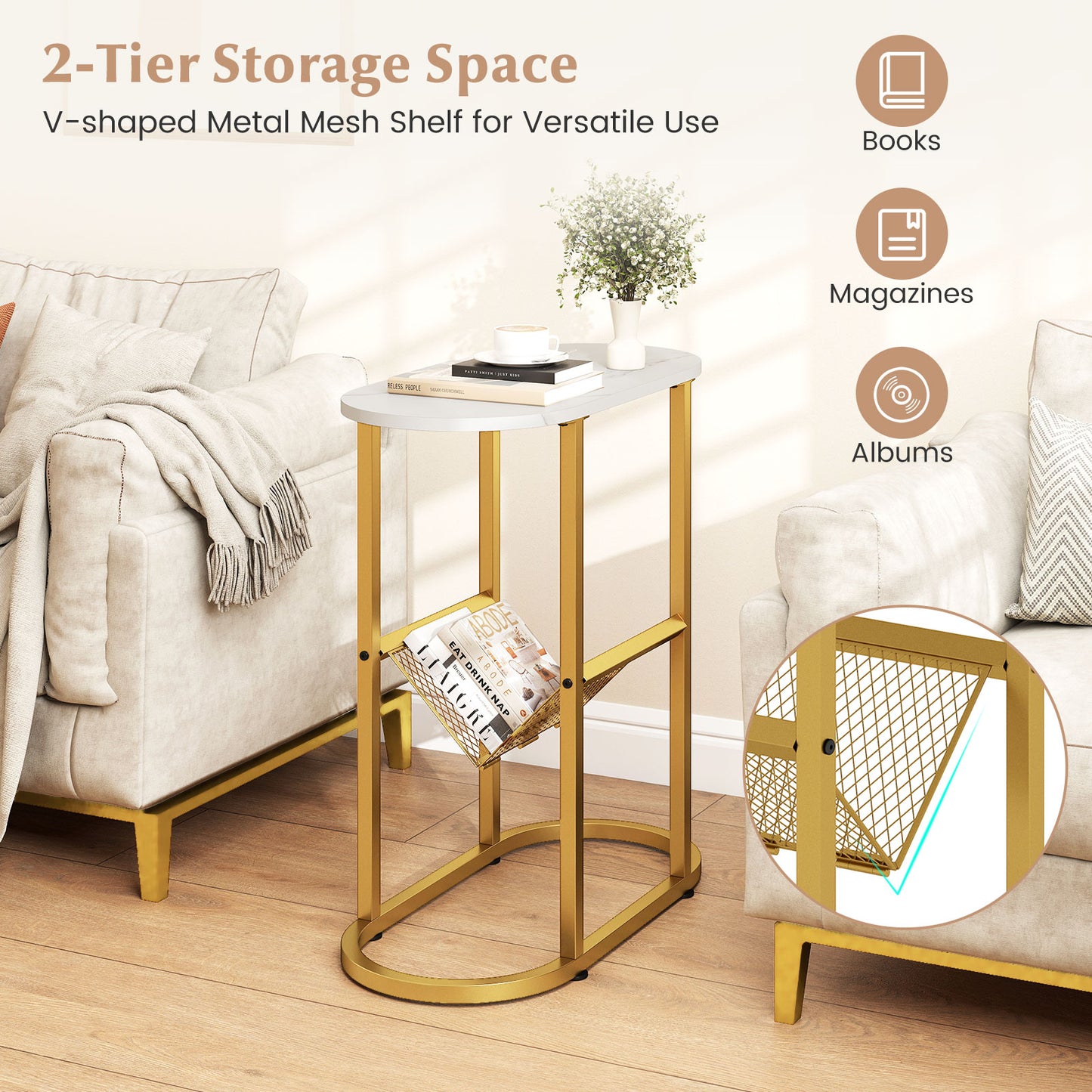 2-tier Industrial Oval Side Table with Mesh Shelf-White