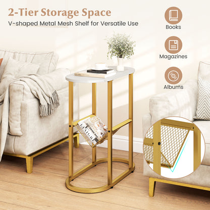 2-tier Industrial Oval Side Table with Mesh Shelf-White