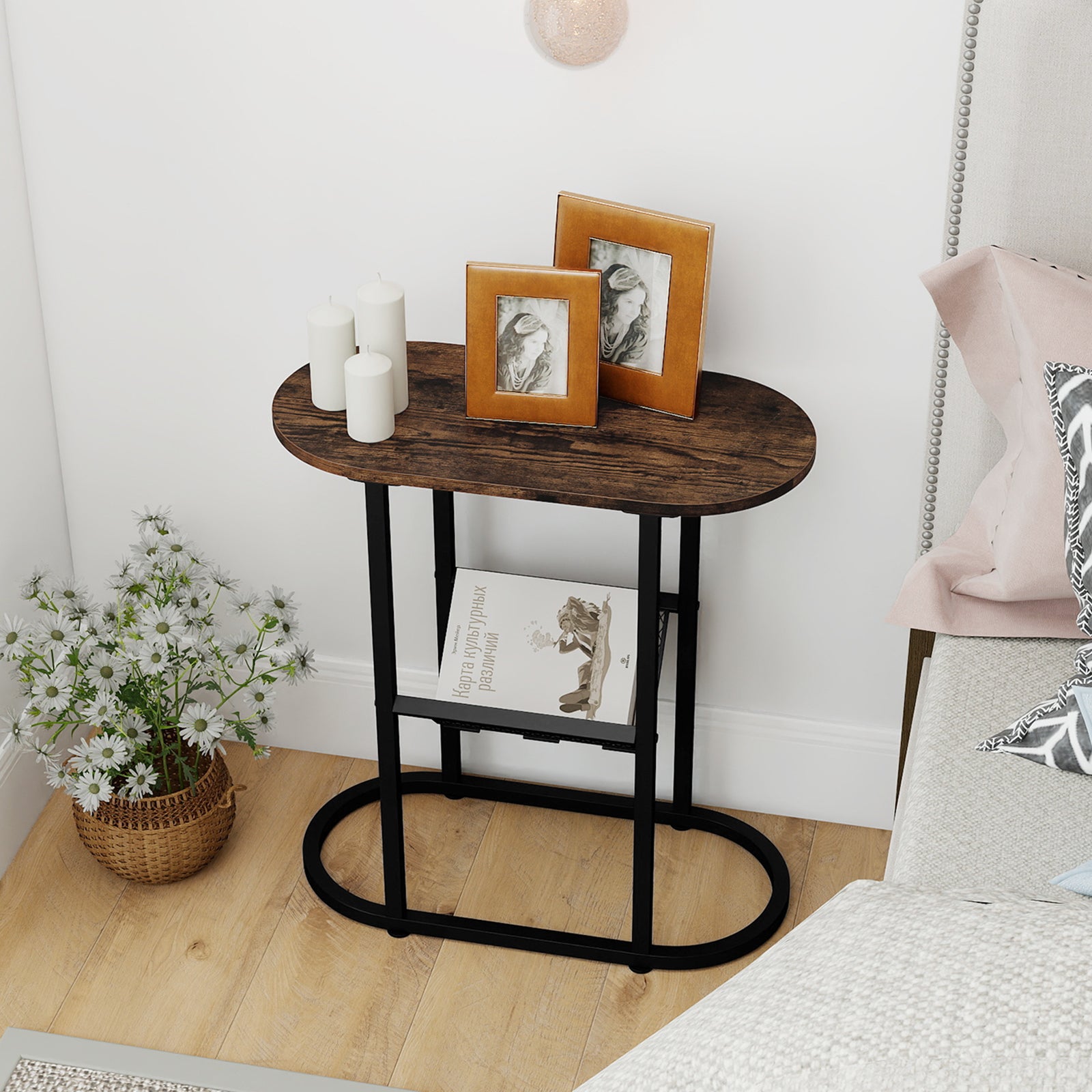 2-tier Oval Narrow Bedside End Table-Rustic Brown