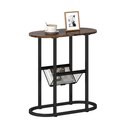 2-tier Oval Narrow Bedside End Table-Rustic Brown